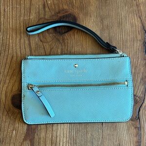 kate spade turquoise leather wristlet clutch with gold hardware